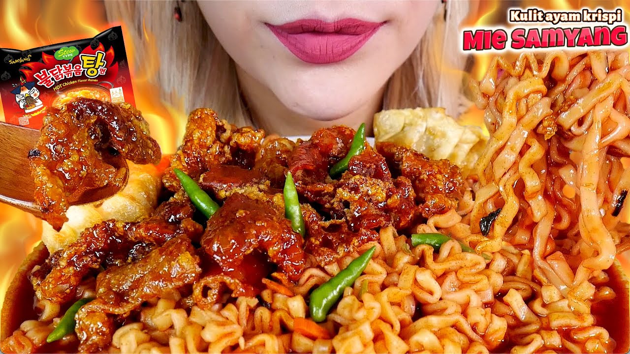 ASMR MUKBANG 🍜💥SAMYANG BULDAK STEW & KULIT AYAM KRISPI SAUS FIRE CHICKEN🔥 CRISPY CHICKEN SKIN, MANDU
