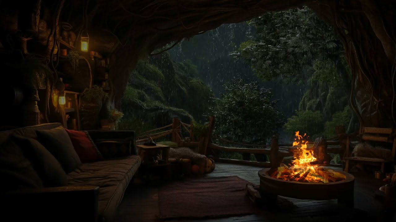 Ad-Free Deep Sleep in a Cozy Cave 🌧️ Soft Rain & Warm Fireplace Ambience to Relax and Unwind 🔥😴