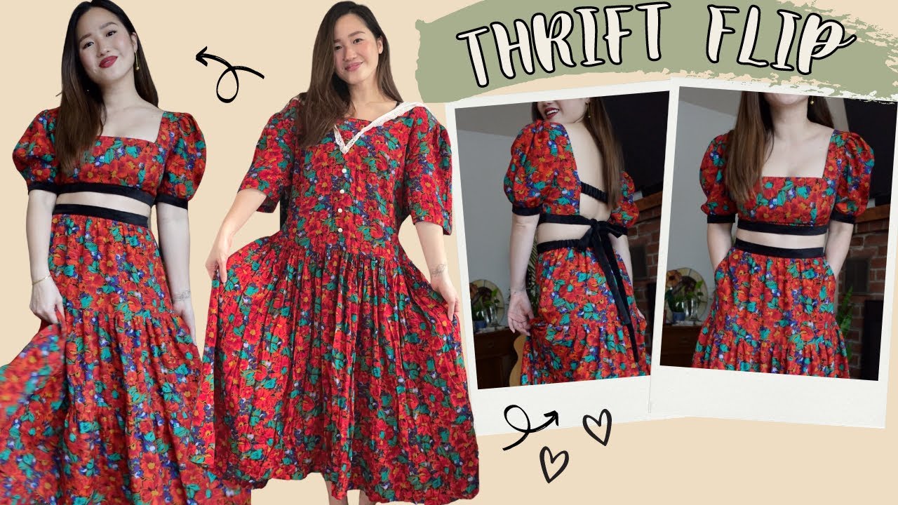 THRIFT FLIP | DIY Two Piece Set from a VERY Dated Dress ♥️ | THRIFT STORE CLOTHING MAKEOVER