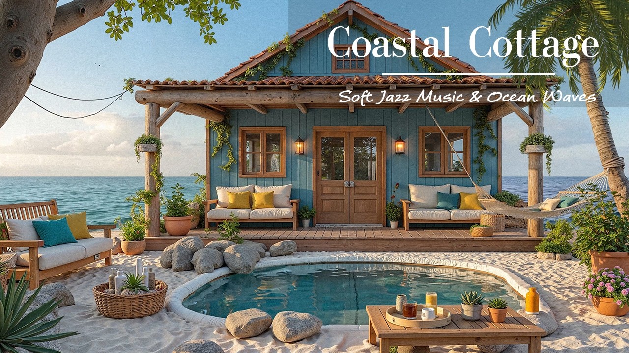 Morning Coastal Cottage Jazz For Positive Mood☕ Soft Jazz Music & Ocean Waves in Blue Beach House