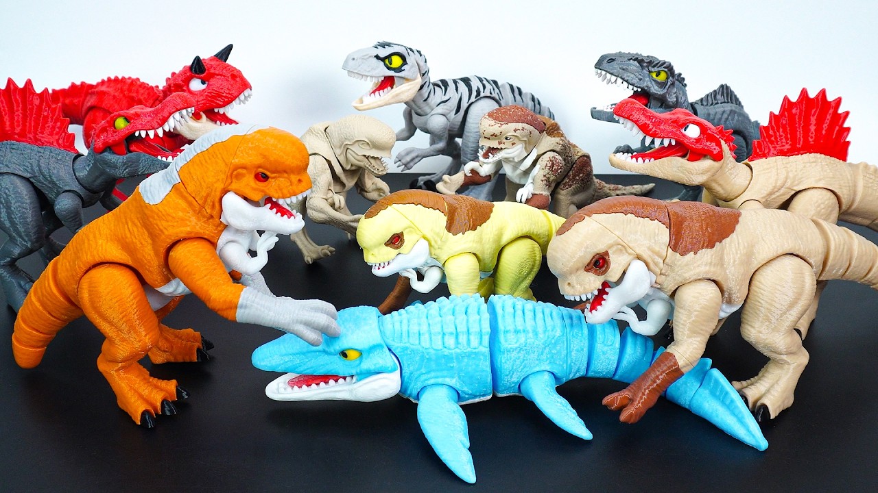 11 DINOSAURS: D-REX, SPINOSAURUS, VELOCIRAPTOR, GIGANOTOSAURUS, MOSASAURUS  -TOYS ASMR- DK260320