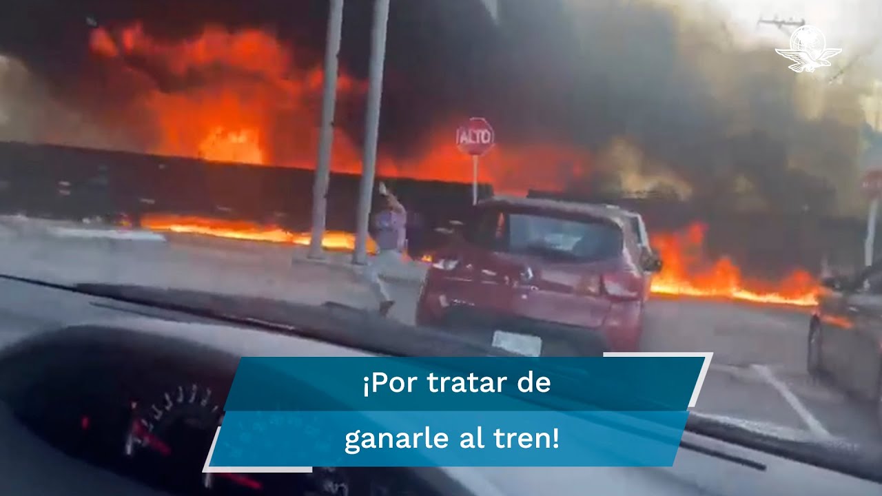 Pipa de combustible explota al tratar de ganarle el paso al tren en Aguascalientes