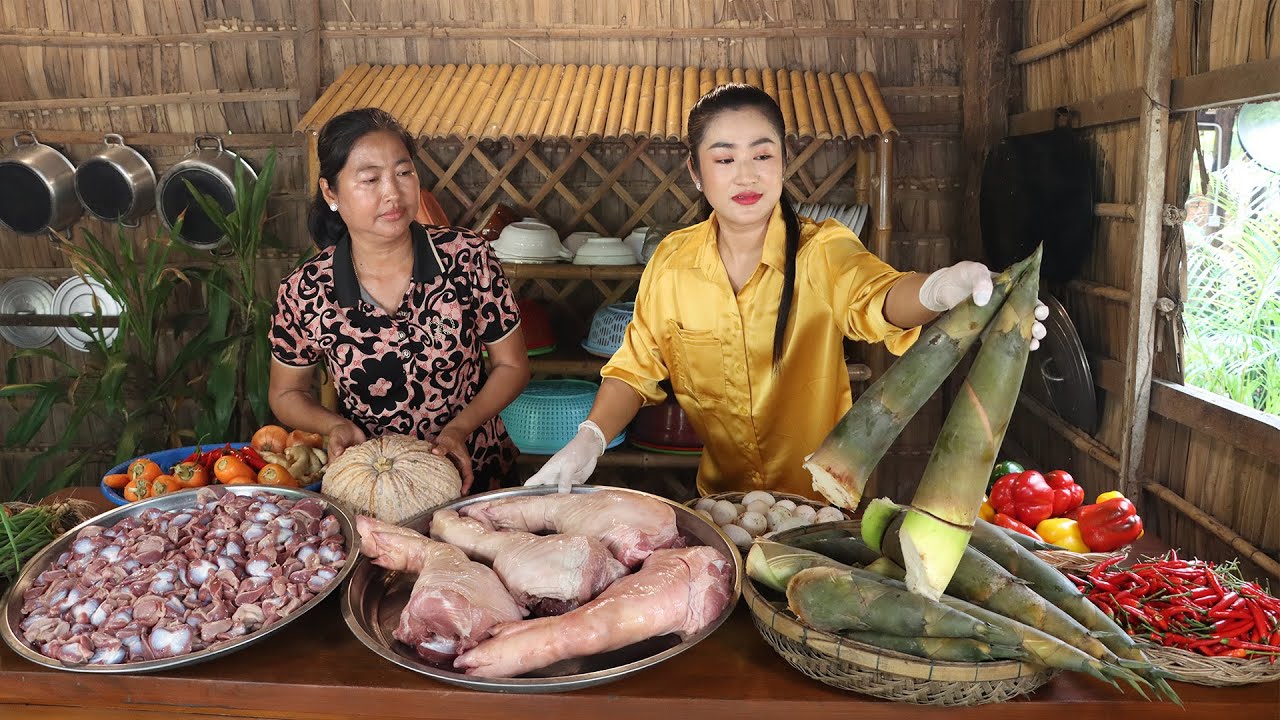 Mother and daughter cooking - Harvest bamboo shoot to cook with pork leg and chicken gizzard
