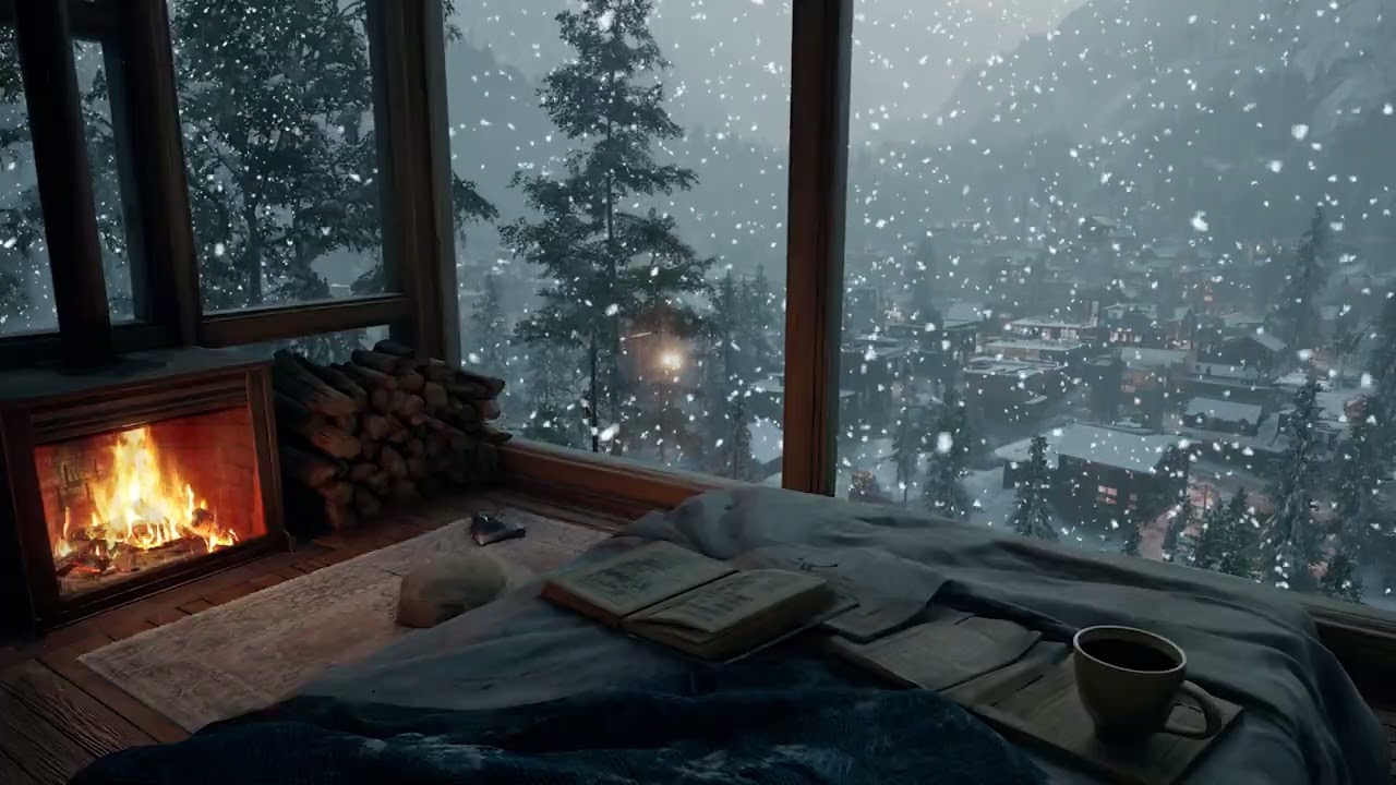 Peaceful Snowfall Cabin Night | Cozy Fireplace Glow for Restful Sleep