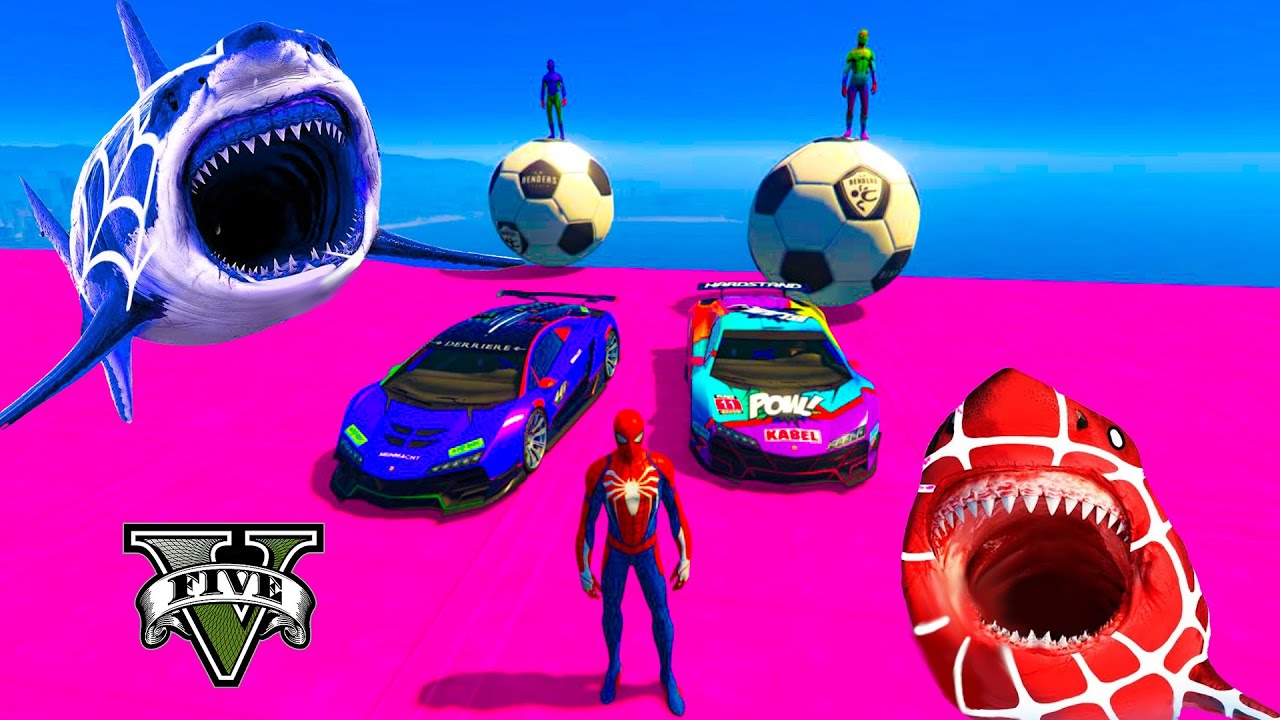 GTA V SPIDERMAN, SHARK, MOTO +. CARS. CRAZY RACING . Map CHALLENGE. BY GURO GAMING
