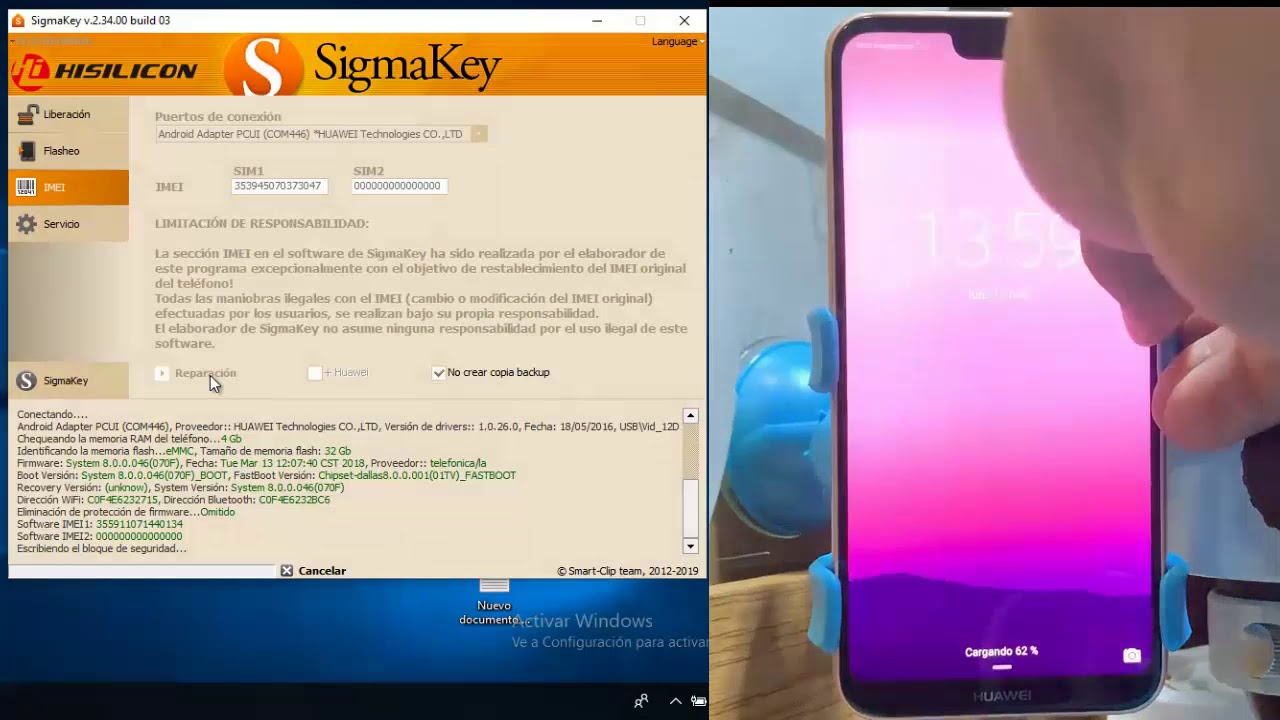 Cambio de imei Huawei P20 lite con sigmakey