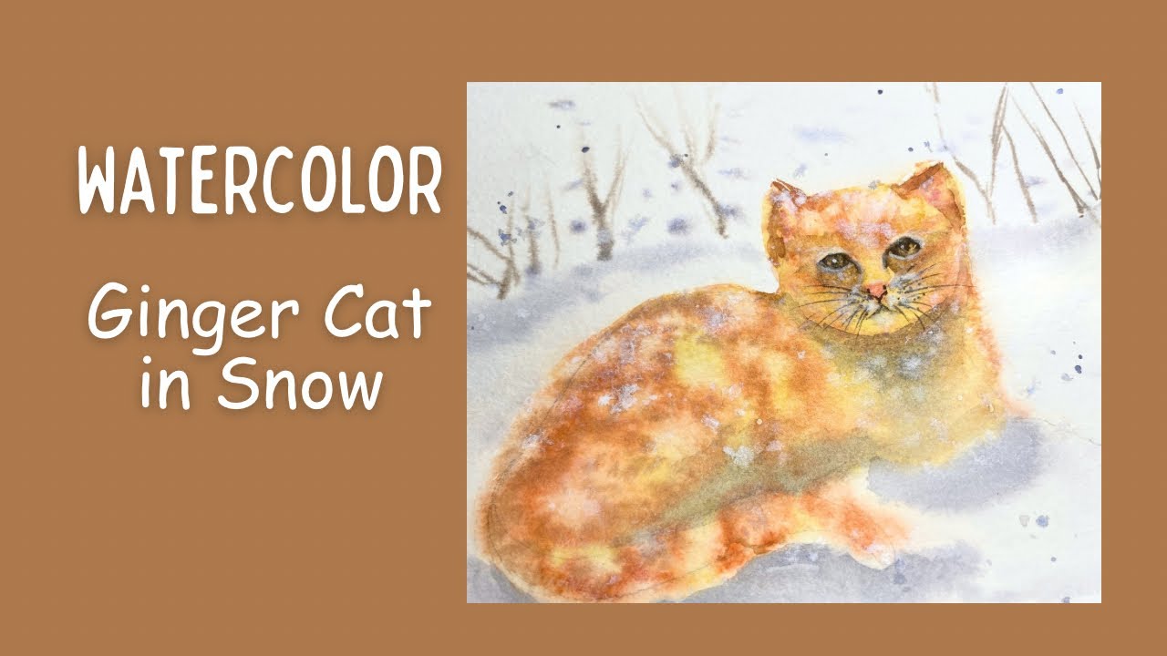 Watercolor Ginger Cat in Snow | How to Paint a Cat