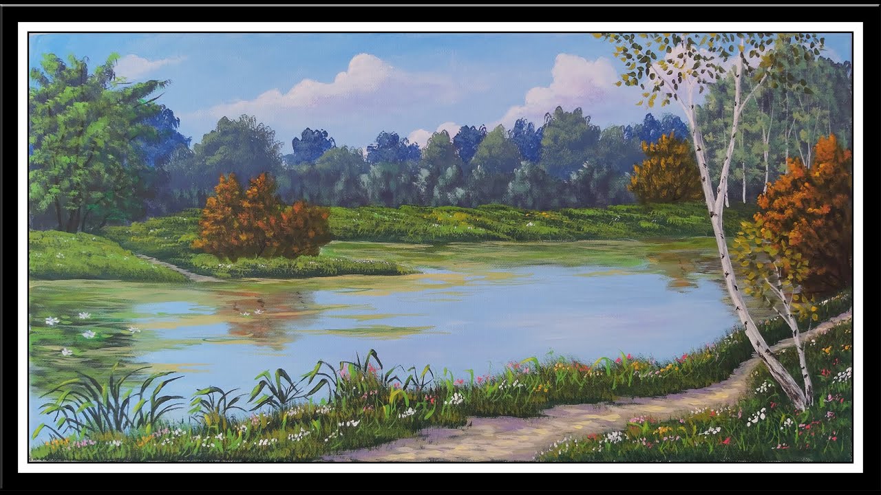 Manzara Resmi Nasıl Yapılır, Çizilir | Göl / Su / Ağaç resmi | Acrylic painting / Landscape painting