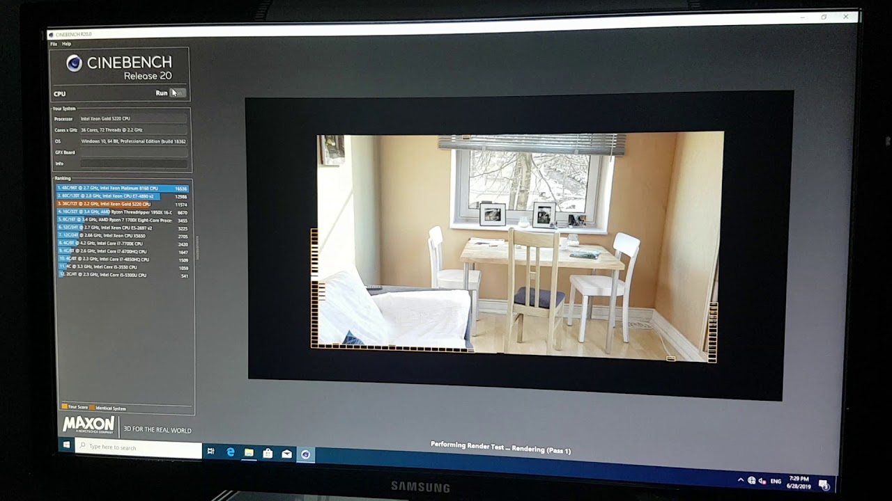 2 x Intel&reg; Xeon&reg; Gold 5220 замер в Cinebench R20 / 36 ядер / 72 потока / Windows 10