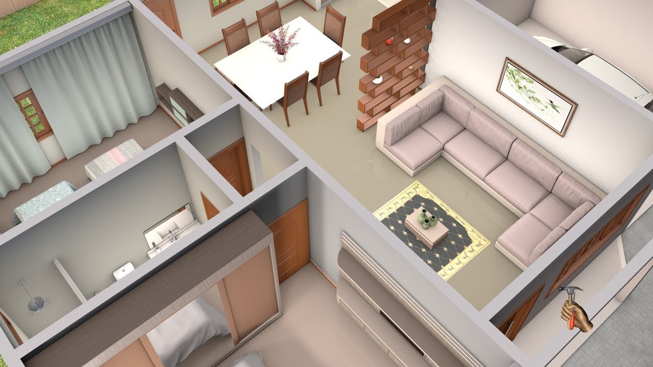 Planta 3D com dois Quartos, Cozinha Americana e Garagem