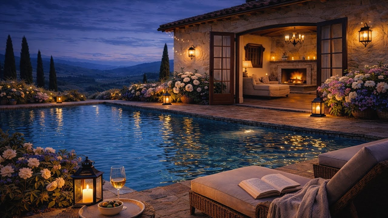 Tuscan Night Ambience 🌙 | Cozy Fireplace, Pool & Jazz Piano