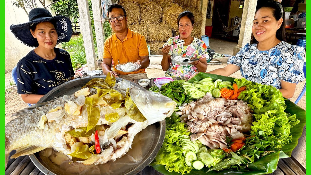 Steamed fish And Pork In Hot Pot! Delicious Khmer Rice noodle With Pou Pove's Family.
