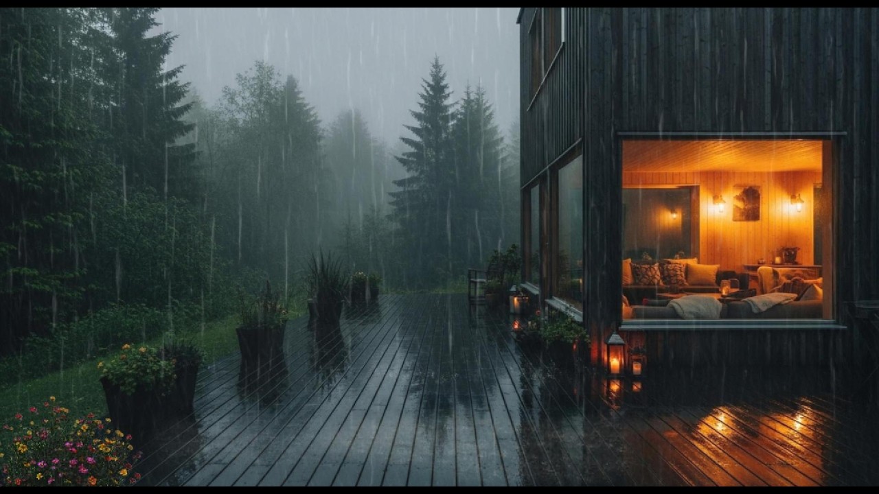 ASMR Rain in Front of Rustic Forest Cabin 4k🌧️🌿🏡