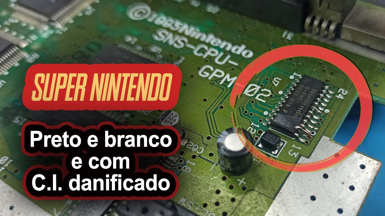 SNES com CI danificado! Imagem em preto e branco.