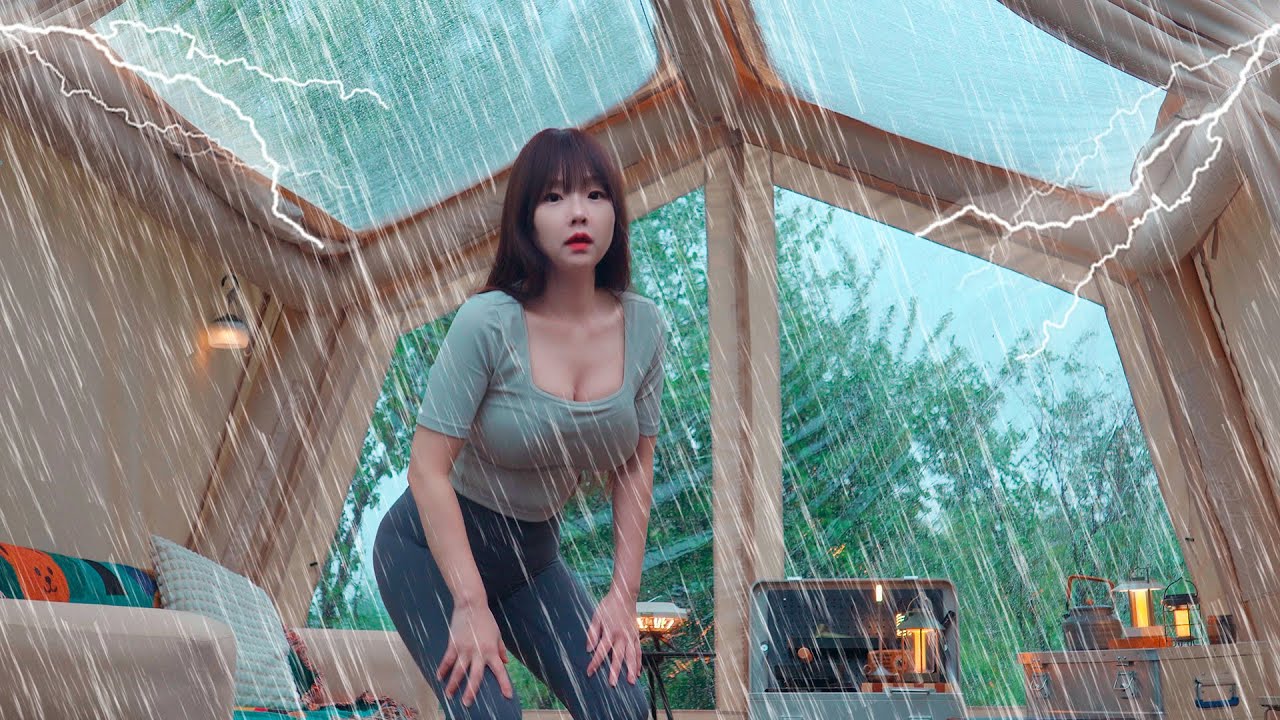 ☔Rain Camping с воздушной палаткой, которая чувствует, что крыша была открыта при сильном дождь