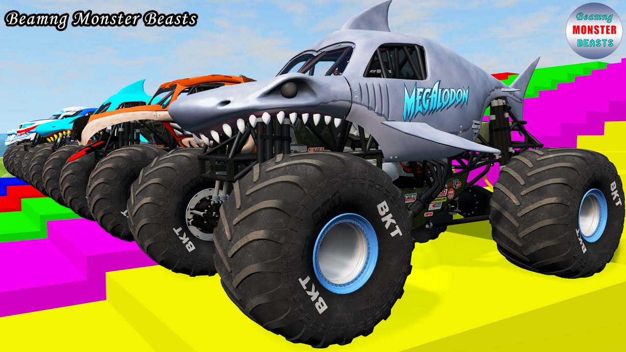 Monster Truck Transport on Triple Flatbed Trailer &ndash; BeamNG Monster Beasts #167