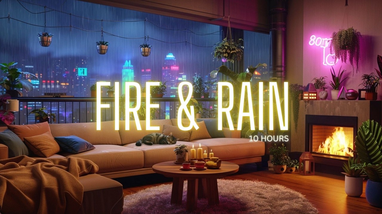 Rain Sounds & Fireplace at Night 🌧️🔥 | Cozy City Ambience for Deep Sleep (10 Hours)