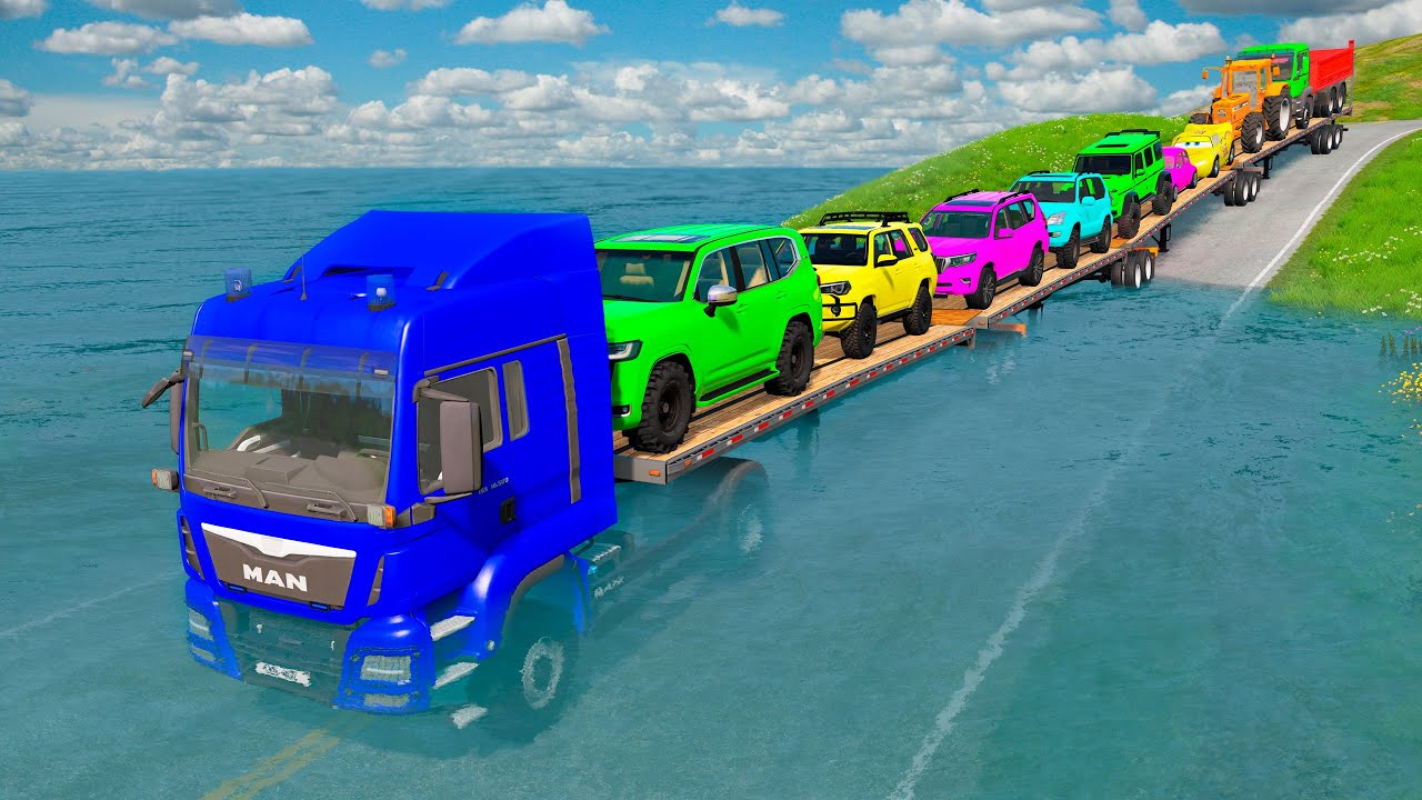Triple Flatbed Trailer McQueen Transportation with Truck - Speedbumps vs Cars vs Train - BeamNG #228