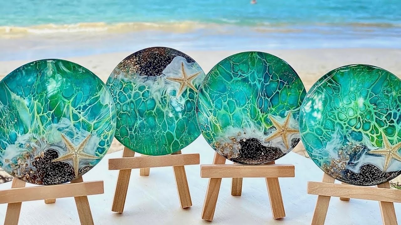 (103)”Ocean Coasters” with Bloom Technique/Acrylic Skin Art/Acrylic Pouring/Fluid Art/フルイドアート/海コースター