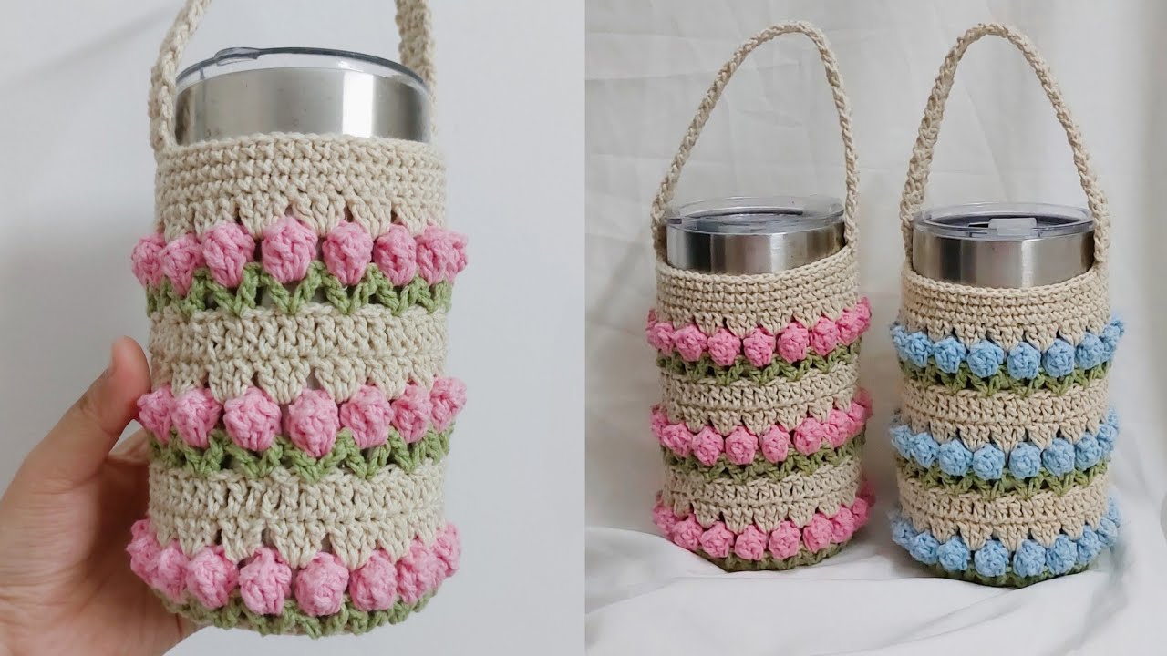 CROCHET TULIP BOTTLE HOLDER | MÓC TÚI ĐỰNG LY HOA TULIP 8x14cm | Tròn Craft