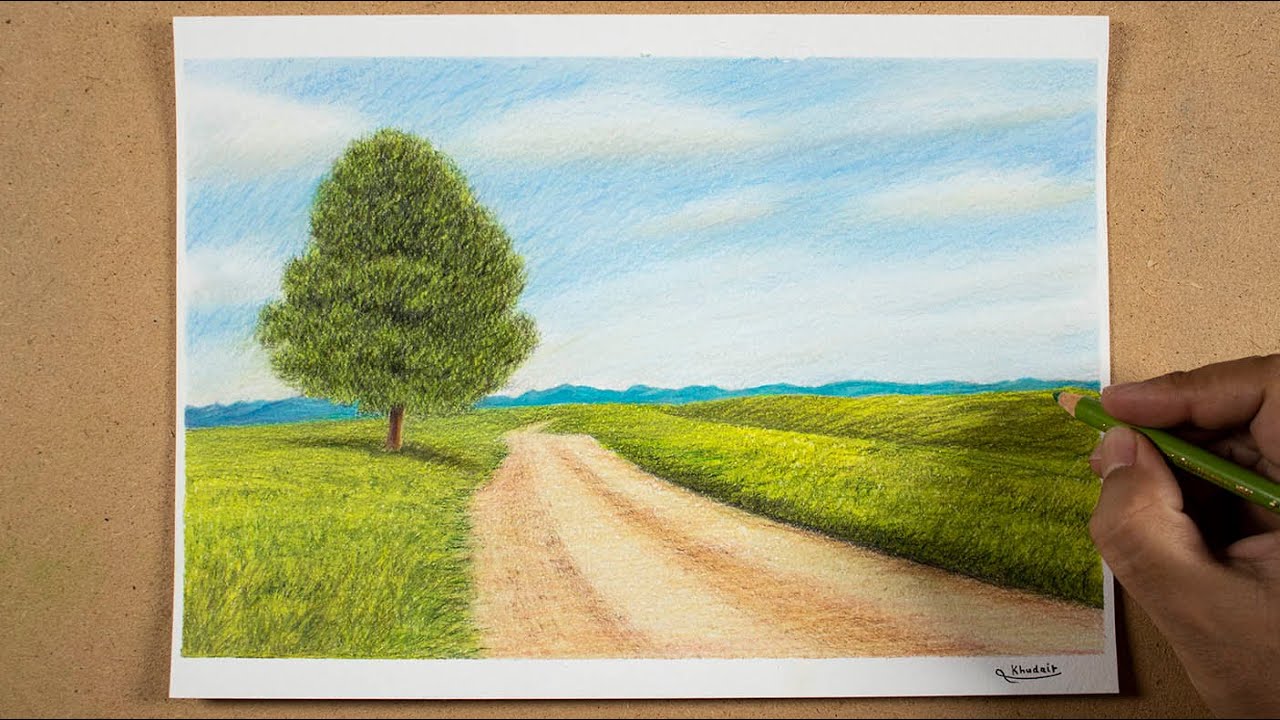 How To Draw A Landscape With Colored Pencils || Tree Drawing - Speed Drawing