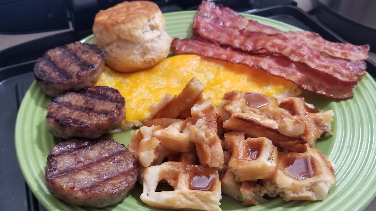 2018 George Foreman Rapid Grill RPGD3994 Complete Breakfast 9 Egg Omelette Sausage Bacon Waffles
