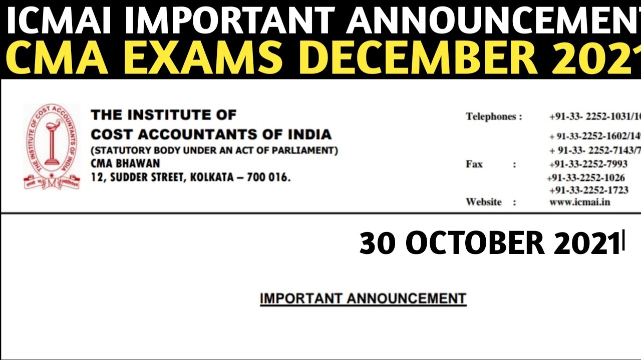 ICMAI Important Announcement | CMA Exams December 2021