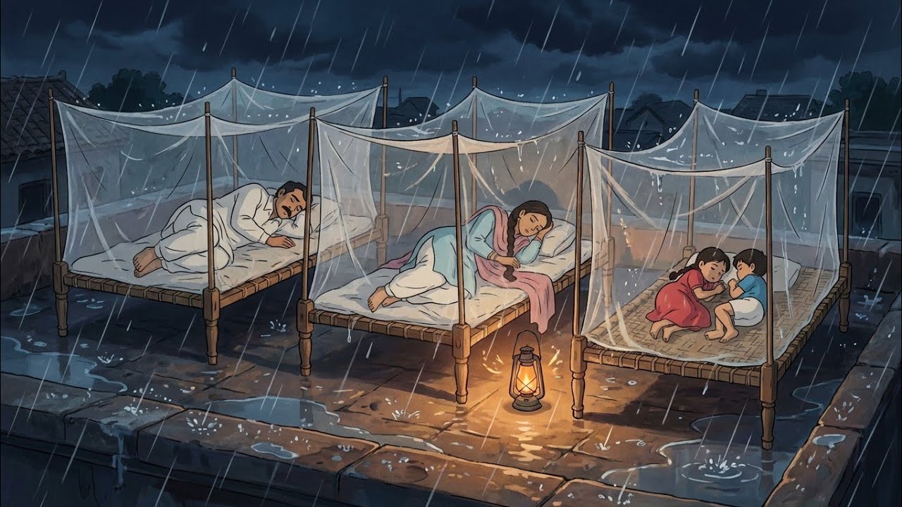 90s Village Storm Night 🌧️ Power Cut & Rooftop Sleep | Cozy Rain Story