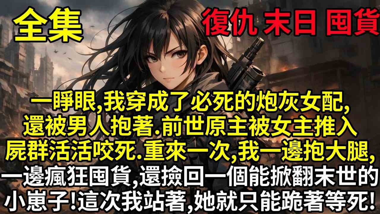 一睜眼，我穿成了末世裏必死的炮灰女配，還被男人抱著。前世原主被女主推入屍群活活咬死。重來一次，我一邊抱大腿，一邊瘋狂囤貨，還撿回一個能掀翻末世的小崽子。這次我站著，她就只能跪著等死！