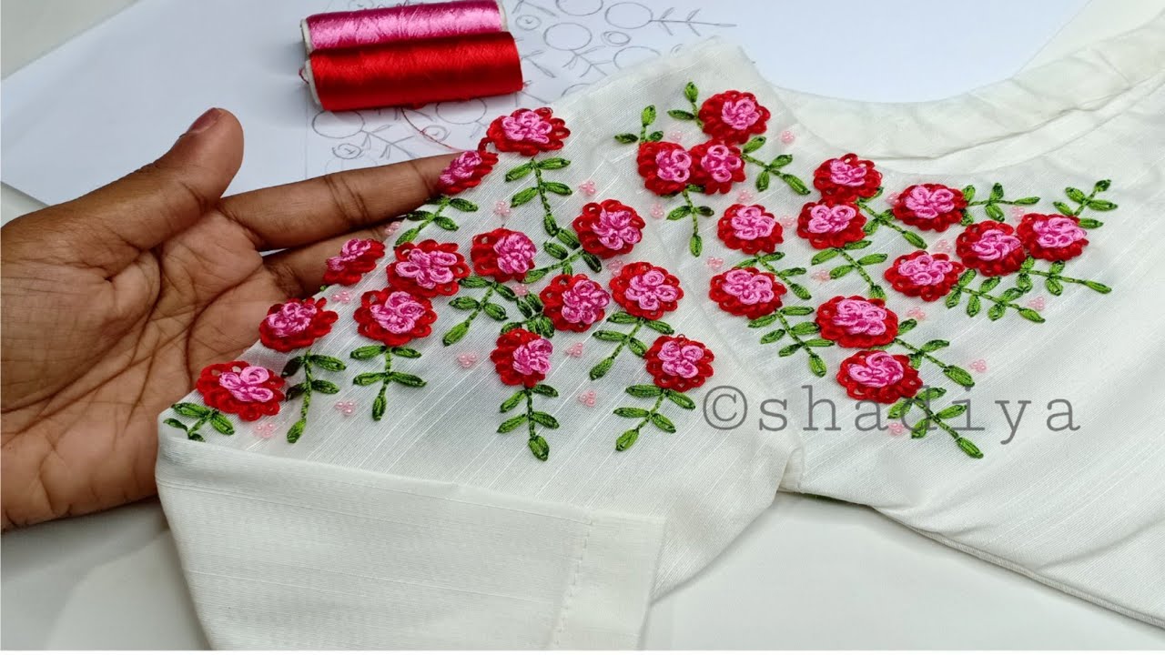 Very beautiful silk thread ring knot flower embroidery design for kurti gown blouse sleeves|needle