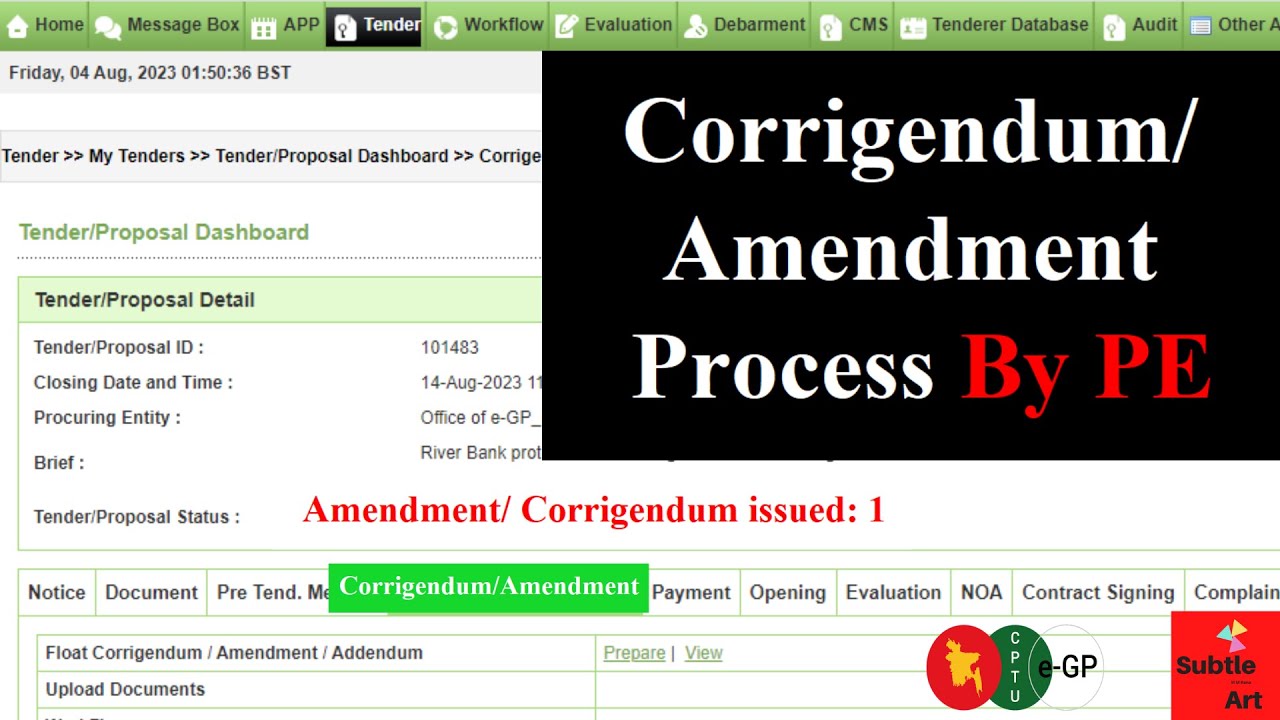 Corrigendum/ Amendment Process By PE. Subtle Art, e-GP, Tender