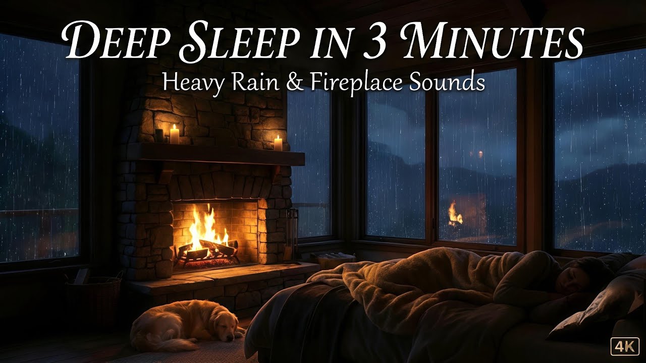 Sleep Instantly Within 3 Minutes Heavy Rain & Cozy Fireplace (Deep Sleep Frequencies)