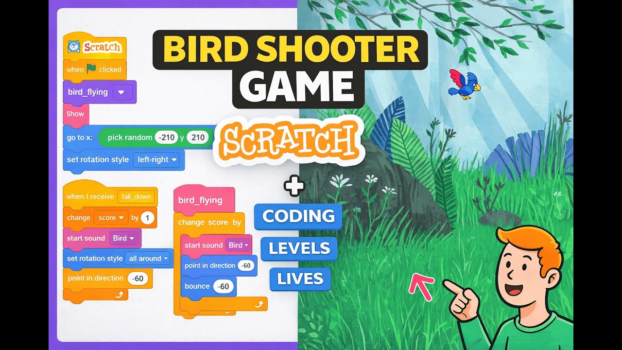 Create a Bird Shooter Game in Scratch | Score, Timer & Lives System (Step-by-Step)