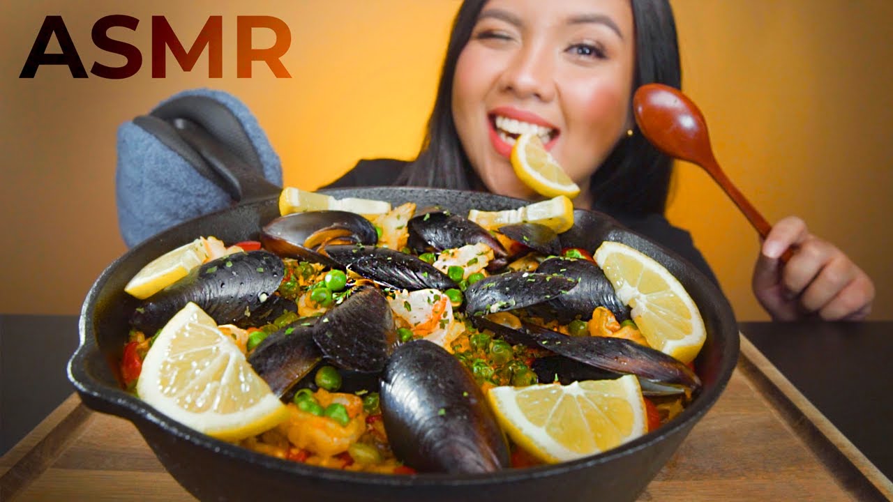 ASMR SPANISH SEAFOOD PAELLA MUKBANG 먹방 (Whispering) Squishy, Scrapping, Soft Eating Sounds