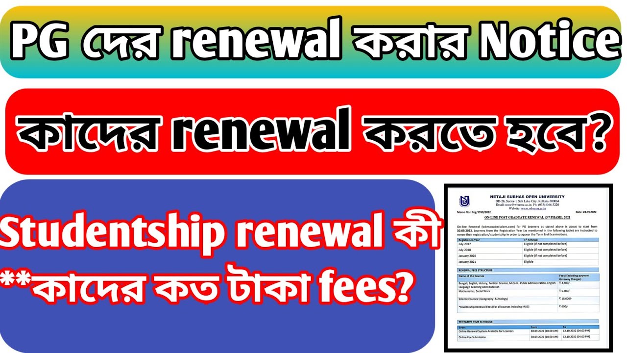 PG renewal official Notice. What is Studentship renewal? #pg nsou