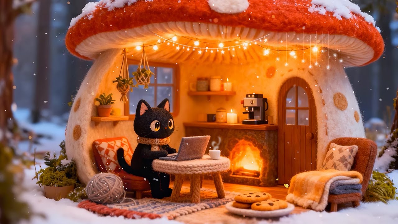 Lofi Cat's Fireside Work 💻 Gentle Lofi Beats for Productivity 🌨️ Cozy Winter Study Vibes