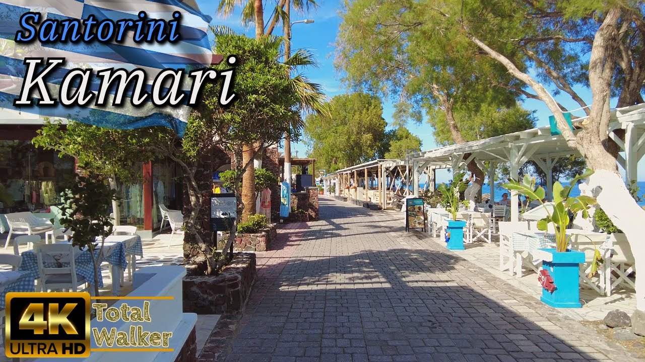 Santorini, Kamari promenade 🇬🇷 | Black Pebble Beach, Relaxed Vibes, Volcanic Sands & Blue Seas 4k
