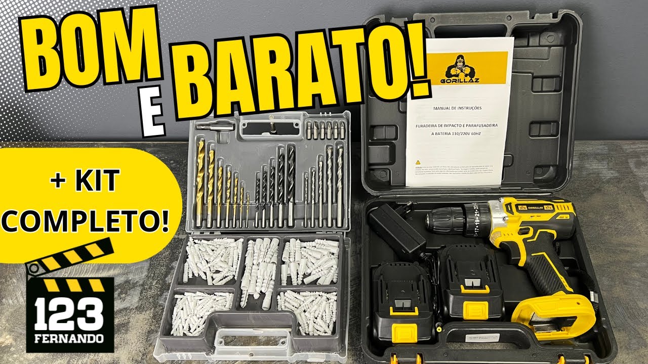 KIT COMPLETO PARAFUSADEIRA/FURADEIRA GORILLAZ 21V C/ 2 BATERIAS + KIT DE BROCAS E BUCHAS BLACK TOOLS