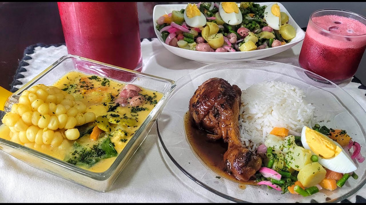 ALMUERZO ECUATORIANO COMPLETO: Locro , arroz con pollo a la coca cola con ensalada de vainitas