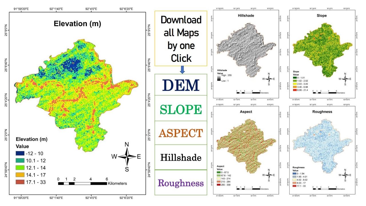 Download DEM/Elevation, Slope, Roughness, Aspect Map in just One Click