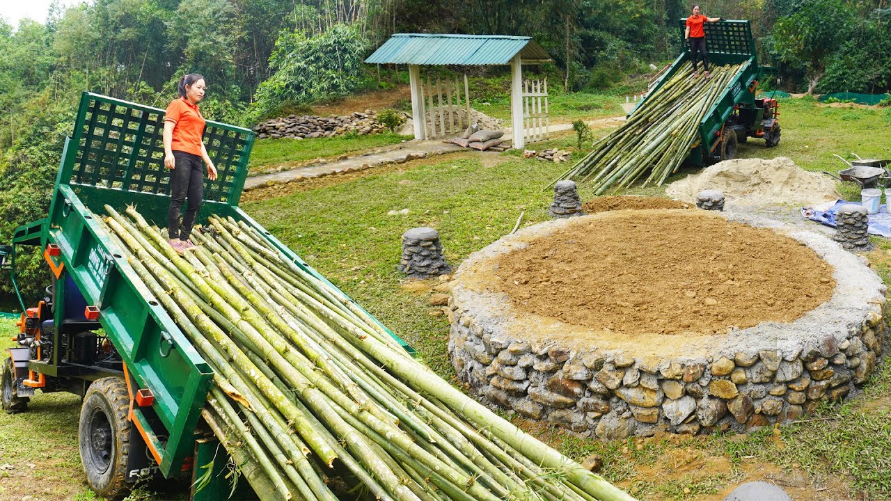 Building New Stone House 2024 - Build the house's foundation and pillars - Transporting bamboo
