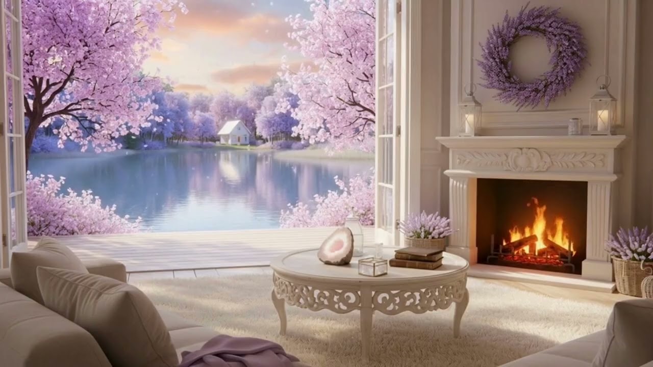 Peaceful Spring Morning by the Lake 🌸🍃 Soft Piano & Warm Fireplace Ambience for Study & Relax