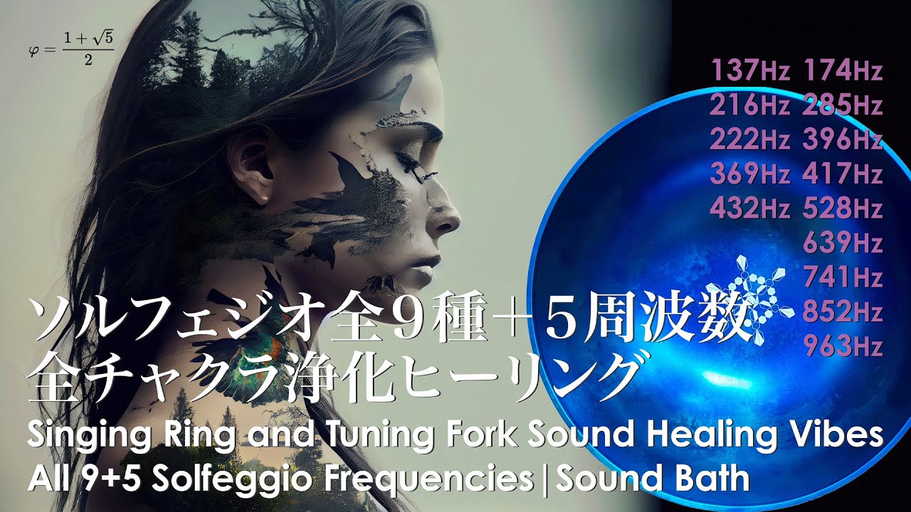 【超意識へ】ソルフェジオ全9種＋5周波数 全チャクラ浄化｜シンギングリン＋黄金角音叉｜All 9+5 Solfeggio Frequencies Catharsis Sound Healing