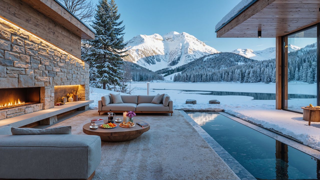 🎶 Winter Lakeside Cabin Mood | Soft Light, Stone Fireplace & Jazz for Calm Nights