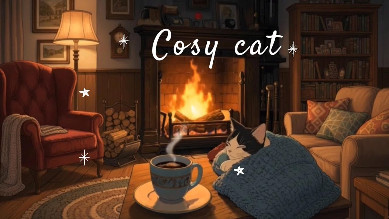 Cozy Cat by the Fireplace 🐾🔥 | Relaxing Winter Ambience with Crackling Fire Sounds