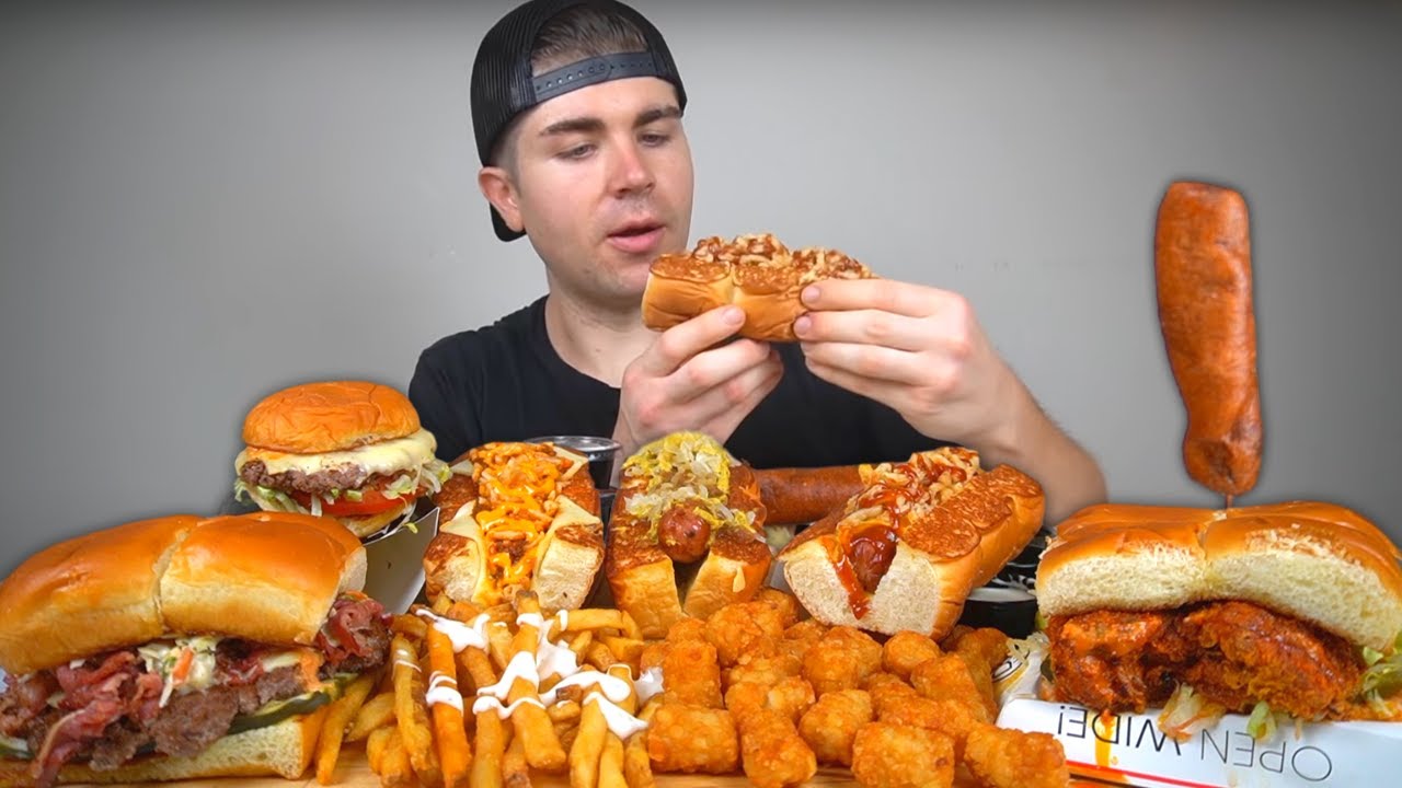 Loaded HOT DOGS and BURGERS Mukbang + Tots & Corn Dog!