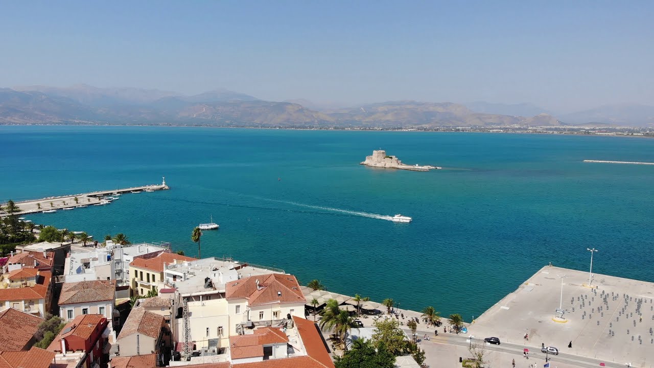 Beautiful Nafplio seen from above | Bourtzi Castle | Greece | 4K