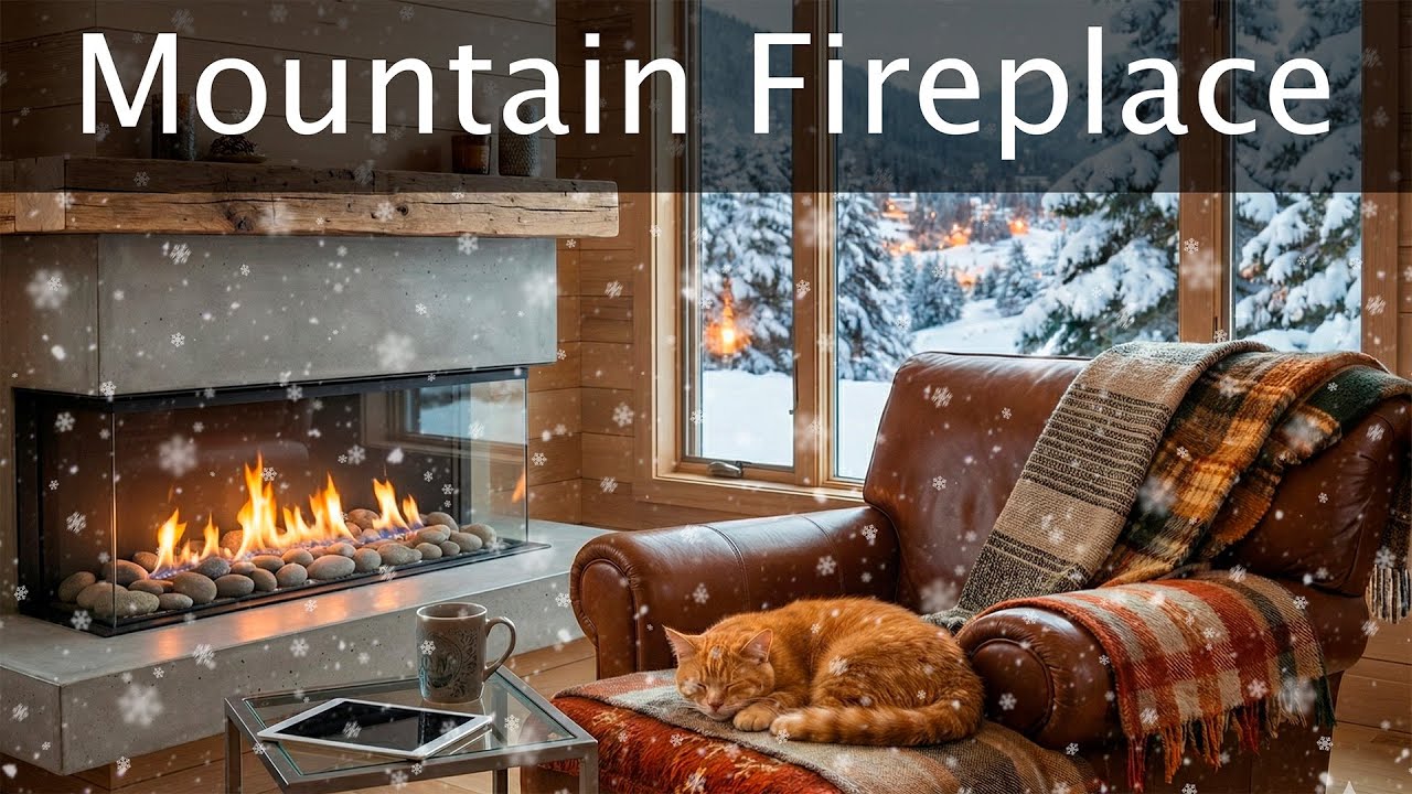 Cozy Mountain Fireplace with Sleeping Cat | Snowy Window Winter Ambience