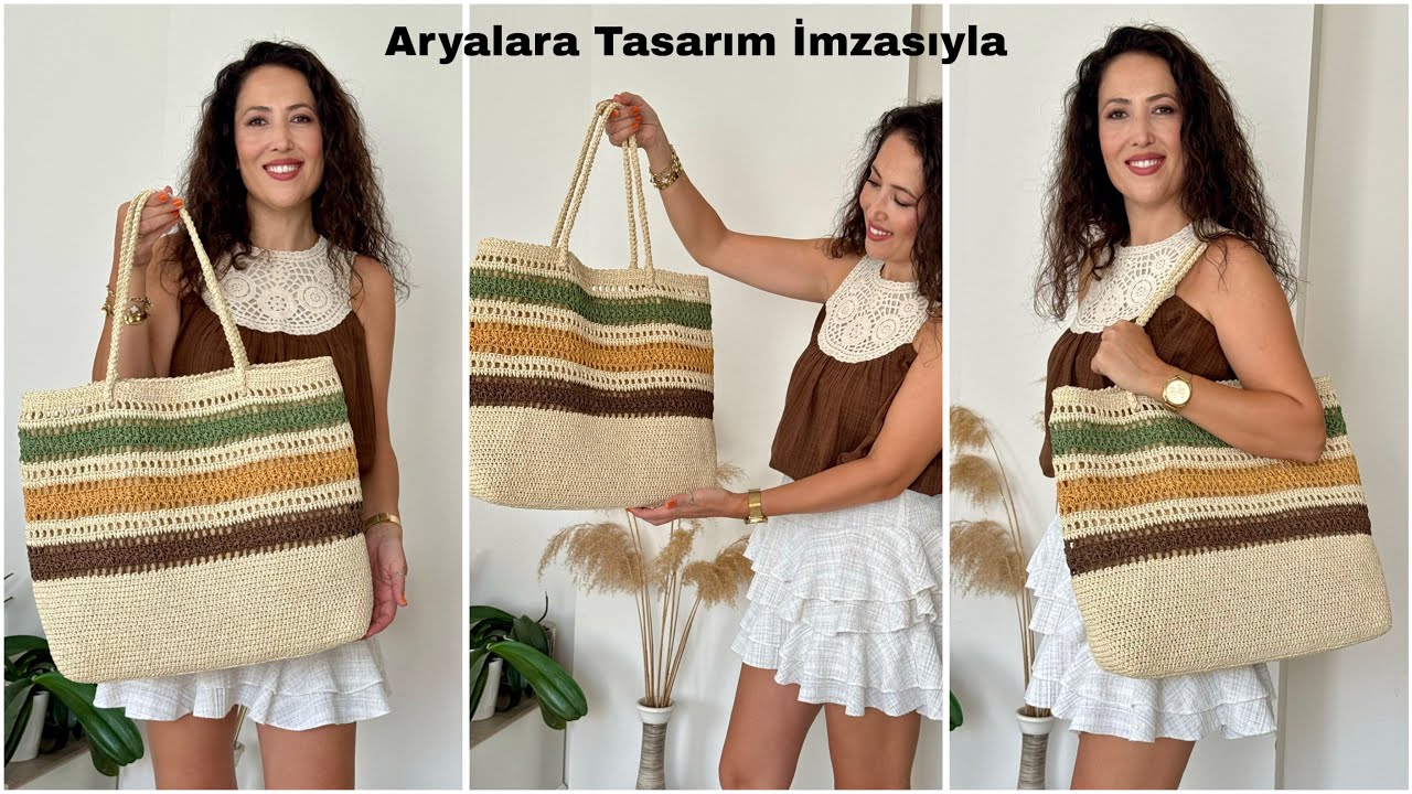Aryalara Tasarım İmzalı Kâğıt İpten Yıldız Model Büyük Boy Kol Çantası/Plaj Çantası Yapımı🌸 #crochet