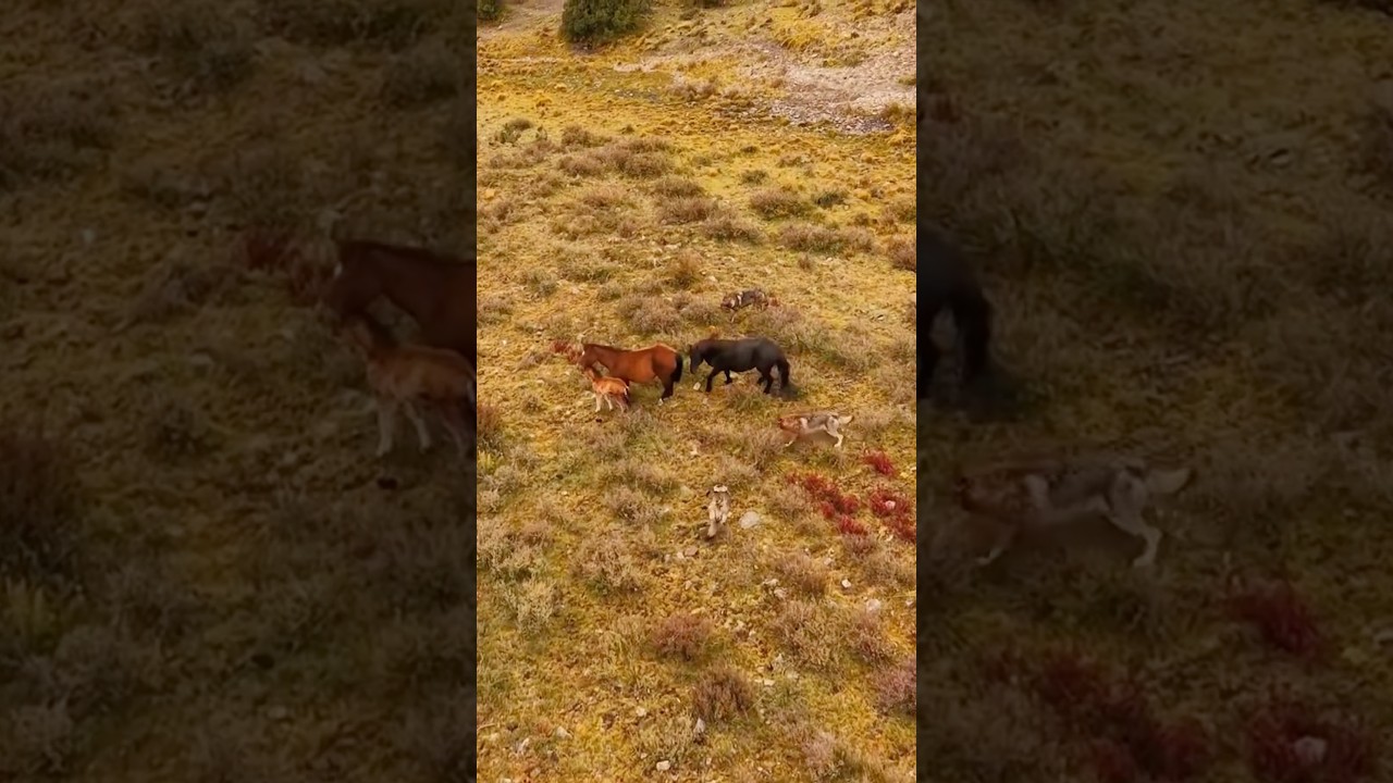Brave stallion saves a foal from a pack of wolves